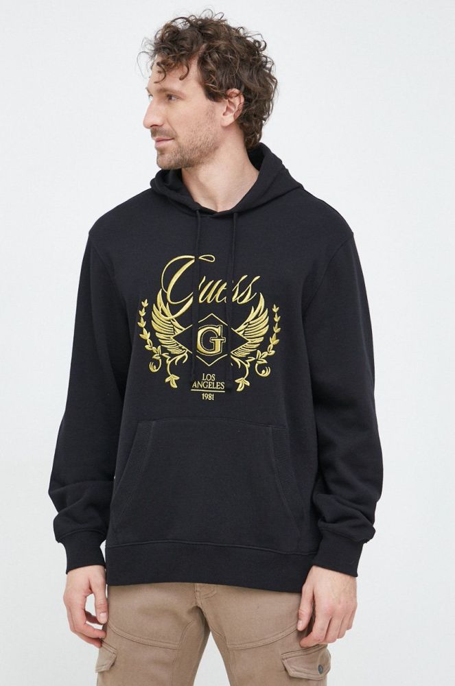 Кофта Guess чоловіча колір чорний з капюшоном з аплікацією (2914549)